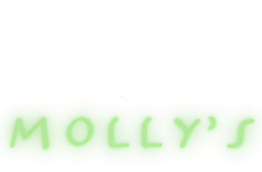 Shield emblem with three birds above green neon-style glowing text reading 'MOLLY'S'.