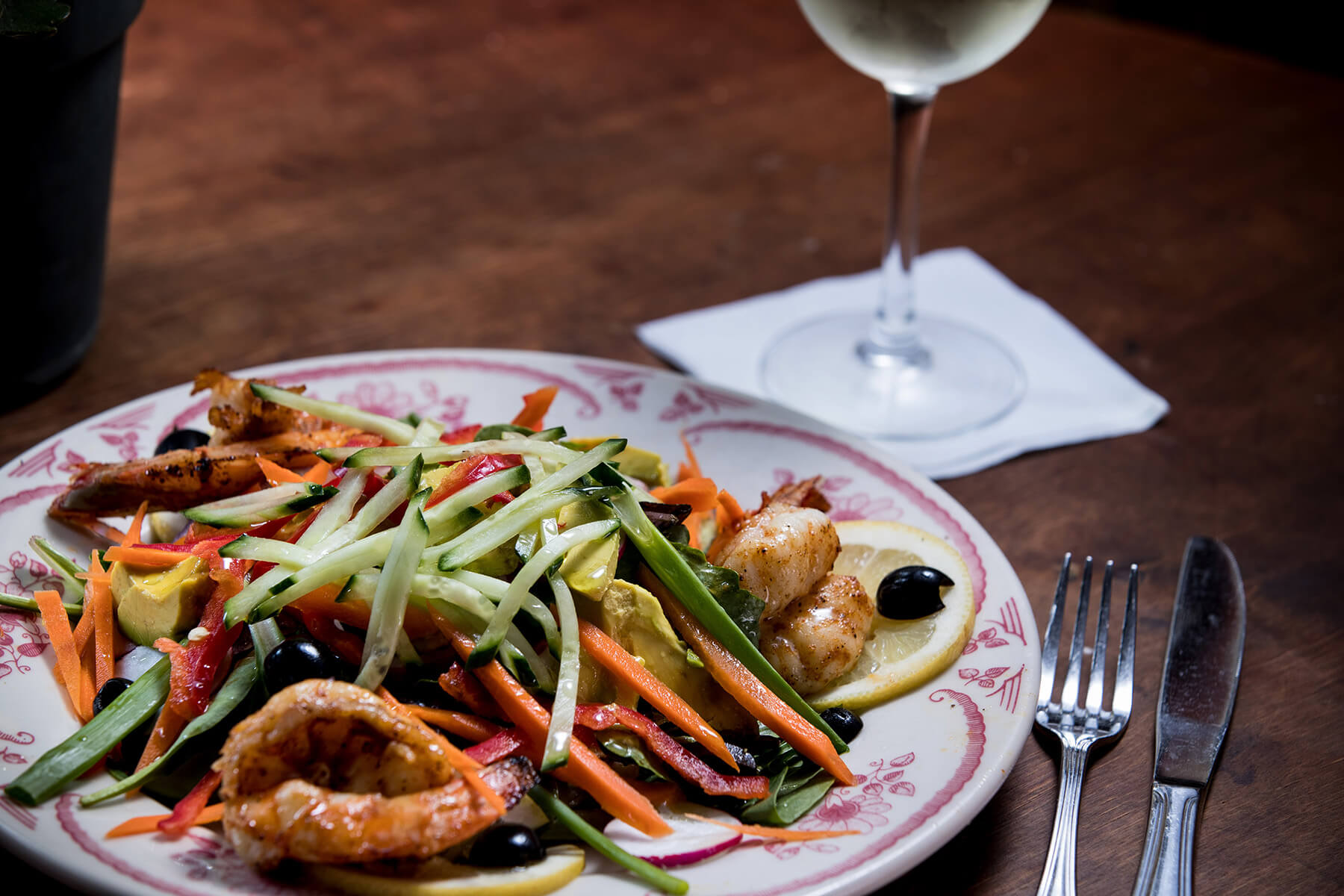 food with a glass of white wine